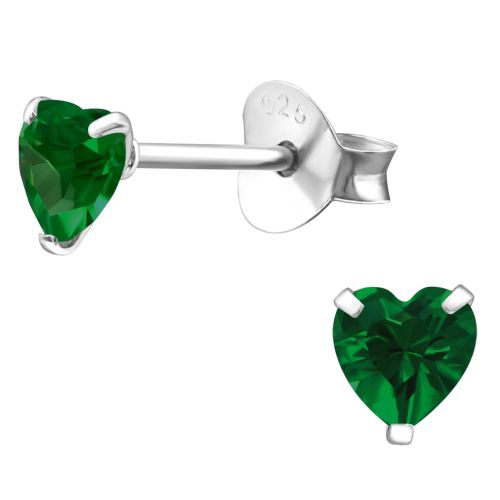 Dámske strieborné náušnice 925, zelené zirkónové srdcia - 4 mm