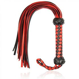 Massive leather whip, red and black color, knitted handle