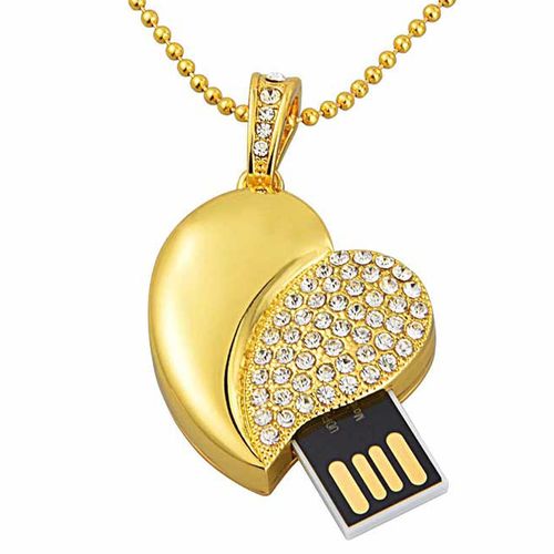 USB náhrdelník pre ženu, srdce zlatej farby s čírymi zirkónmi - 8 GB