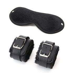 Erotic set, leather handcuffs and mask, black color