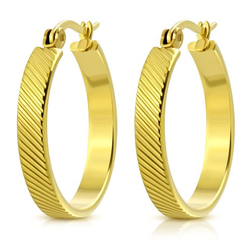 Okrúhle náušnice pre ženu, oceľ zlatej farby, šikmé ryhy - 23 mm
