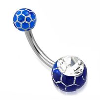 Piercing do pupka z ocele, modré guličky a biely vzor, číry zirkón