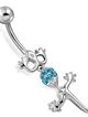 Piercing do brucha z ocele striebornej farby, jašterička s blankytnými zirkónmi
