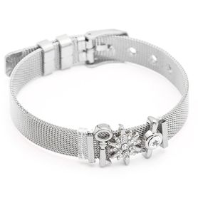 Dámsky náramok z ocele, opasok, strieborná farba, prívesok kľúč a číre zirkóny