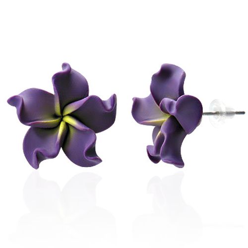 Dámske náušnice z Fimo hmoty, chirurgická oceľ, fialová Plumeria