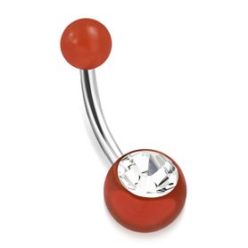 Piercing do pupka z ocele, oranžové guličky, číry zirkón