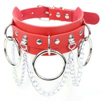 Kožený červený erotický choker, ostny, řetízek a kroužky