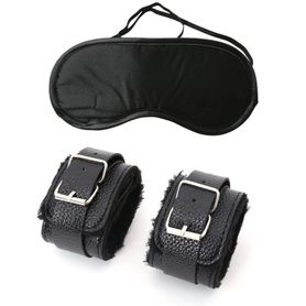 Erotic set, leather handcuffs and satin mask, black color