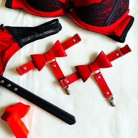 Leather leg garter, red leather and bow
