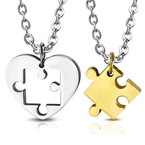 Prívesok pre dvoch, puzzle a srdce, chirurgická oceľ, dve farby
