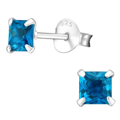 Strieborné náušnice 925, štvorce s modrým zirkónom - 4 mm