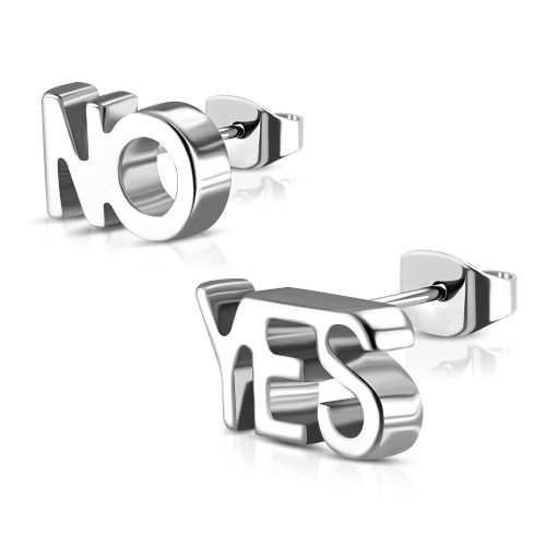 Puzetové náušnice pre ženu striebornej farby, oceľ, nápis "YES" a "NO"