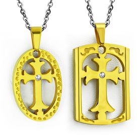 Prívesok pre dvoch z ocele, dve známky zlatej farby, kríž a zirkón