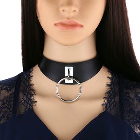 Black erotic choker, silver metal ring, belt