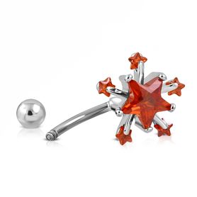 Piercing do brucha z ocele, svetločervené zirkónové hviezdy