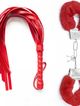 Erotic set, whip and metal handcuffs, red color