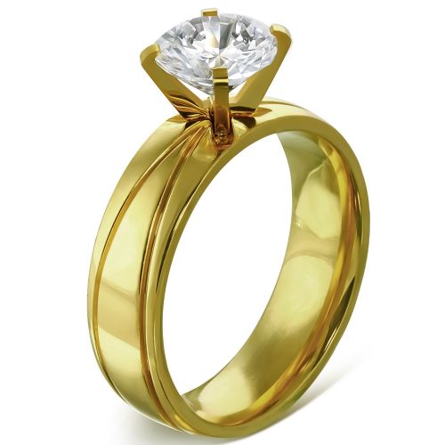Zásnubný prsteň z ocele zlatej farby, číry kamienok, ryhy - Solitér