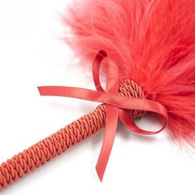 Red feather tickle, knitted drawstring handle