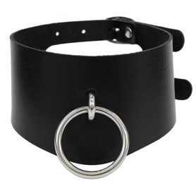 Black erotic choker, silver metal ring, double fastening