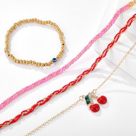 Sada 4 náramkov na nohu, šnúrky, čerešne, vrkoč, retiazky  - bižutéria