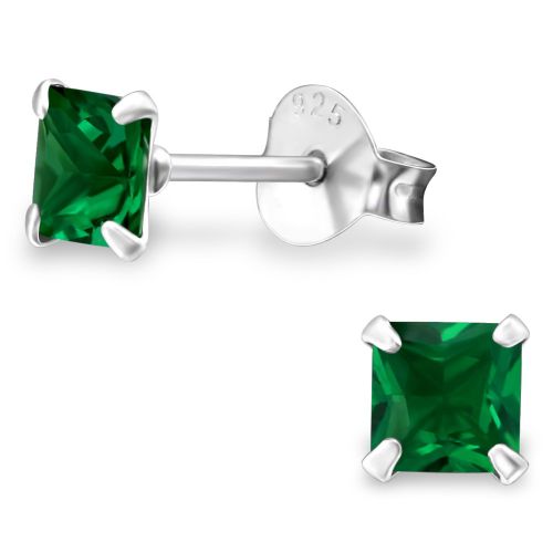 Strieborné náušnice 925, štvorce so zeleným zirkónom - 4 mm