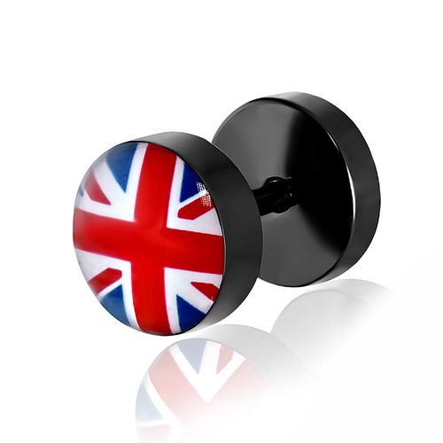 Fake plug z chirurgickej ocele, čierna farba, britská vlajka