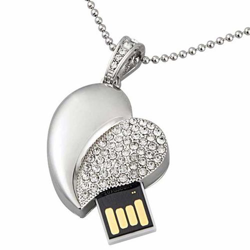 USB náhrdelník pre ženu, srdce striebornej farby s čírymi zirkónmi - 8 GB