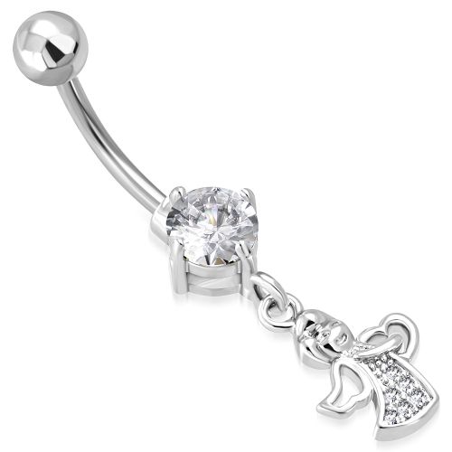 Piercing do brucha z ocele striebornej farby, anjel so zirkónmi