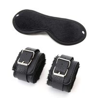 Erotic set, leather handcuffs and mask, black color