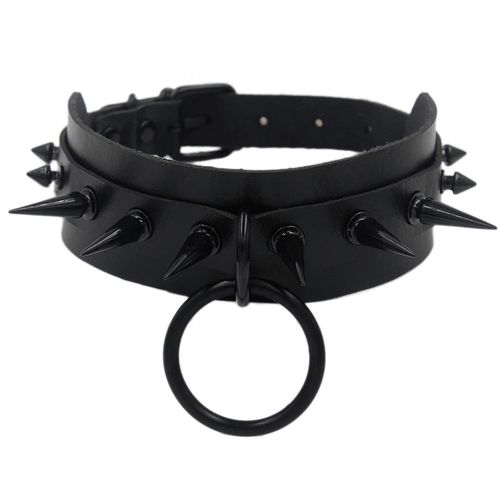 Černý erotický kožený choker, kovové ostny a elementy