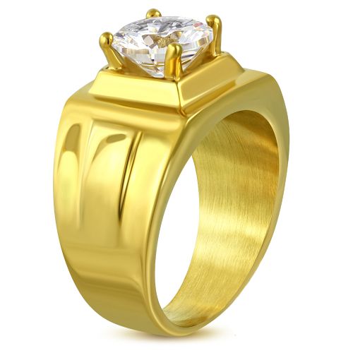 Pečatný prsteň z chirurgickej ocele so zirkónom, zlatá farba
