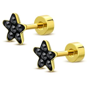 Detské šrubovacie náušnice, zirkónová čierna hviezda, oceľ zlatej farby