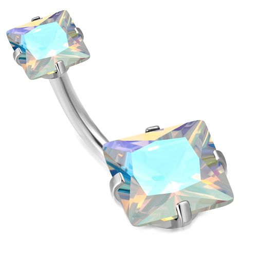 Piercing do pupka z chirurgickej ocele, dúhové zirkónové štvorce