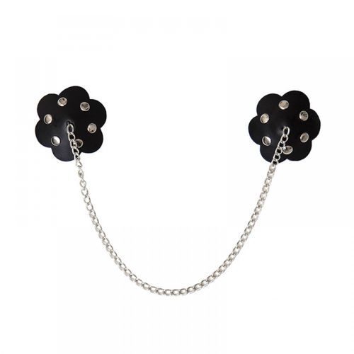Nipple stickers, black leather flowers, studs and chain