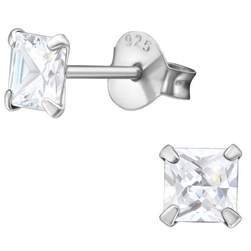 Strieborné náušnice 925, číre zirkónové štvorce - 4 mm