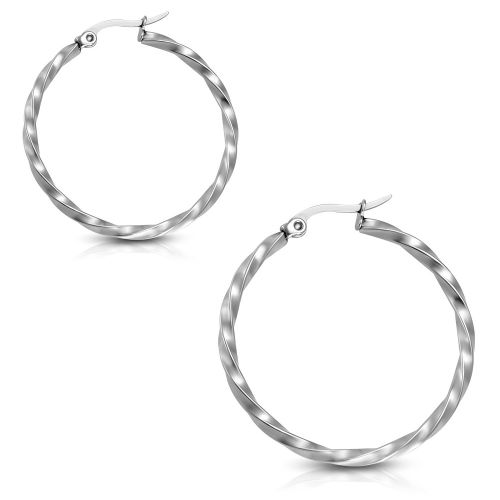 Stočené náušnice kruhy z ocele, strieborná farba - 30 mm