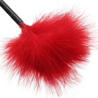 Small feather tickle, black and red color, plastic handle