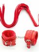 Erotic set, leather whip and handcuffs, red color