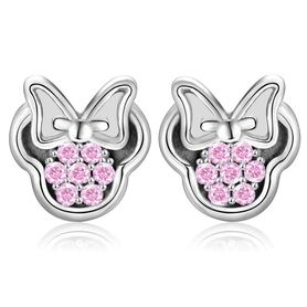 Puzetové náušnice, Myška Minnie, svetloružové zirkóny - bižutéria