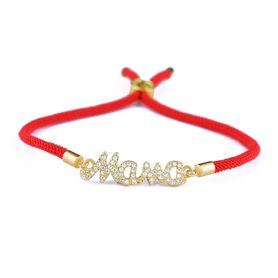 Červený náramok proti urieknutiu, prívesok mama, zlatá farba, číre zirkóny - bižutéria