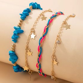 Sada 4 náramkov na nohu, modré koráliky, šnúrky, retiazky, hviezdy - bižutéria