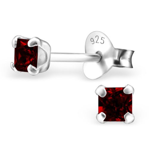 Strieborné náušnice 925, štvorce s červeným zirkónom - 4 mm