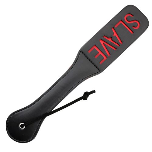 BDSM leather slapper, black color and red inscription SLAVE