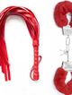 Erotic set, whip and metal handcuffs, red color