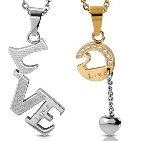 Prívesok pre dvoch z ocele, "LOVE", srdce a zirkóny, dve farby