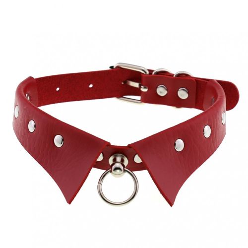 Červený erotický kožený choker, košeľový golier, cvoky