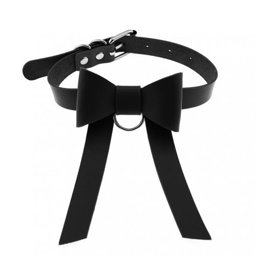 Čierny erotický kožený choker, mašľa a opasok