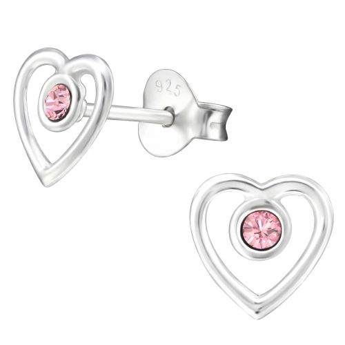 Dámske strieborné náušnice 925, kontúra srdca s ružovým Swarovski zirkónom