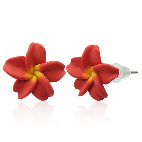 Náušnice z Fimo hmoty, chirurgická oceľ, červená Plumeria