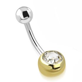 Piercing do pupka z ocele, zlatá a strieborná farba, číry zirkón